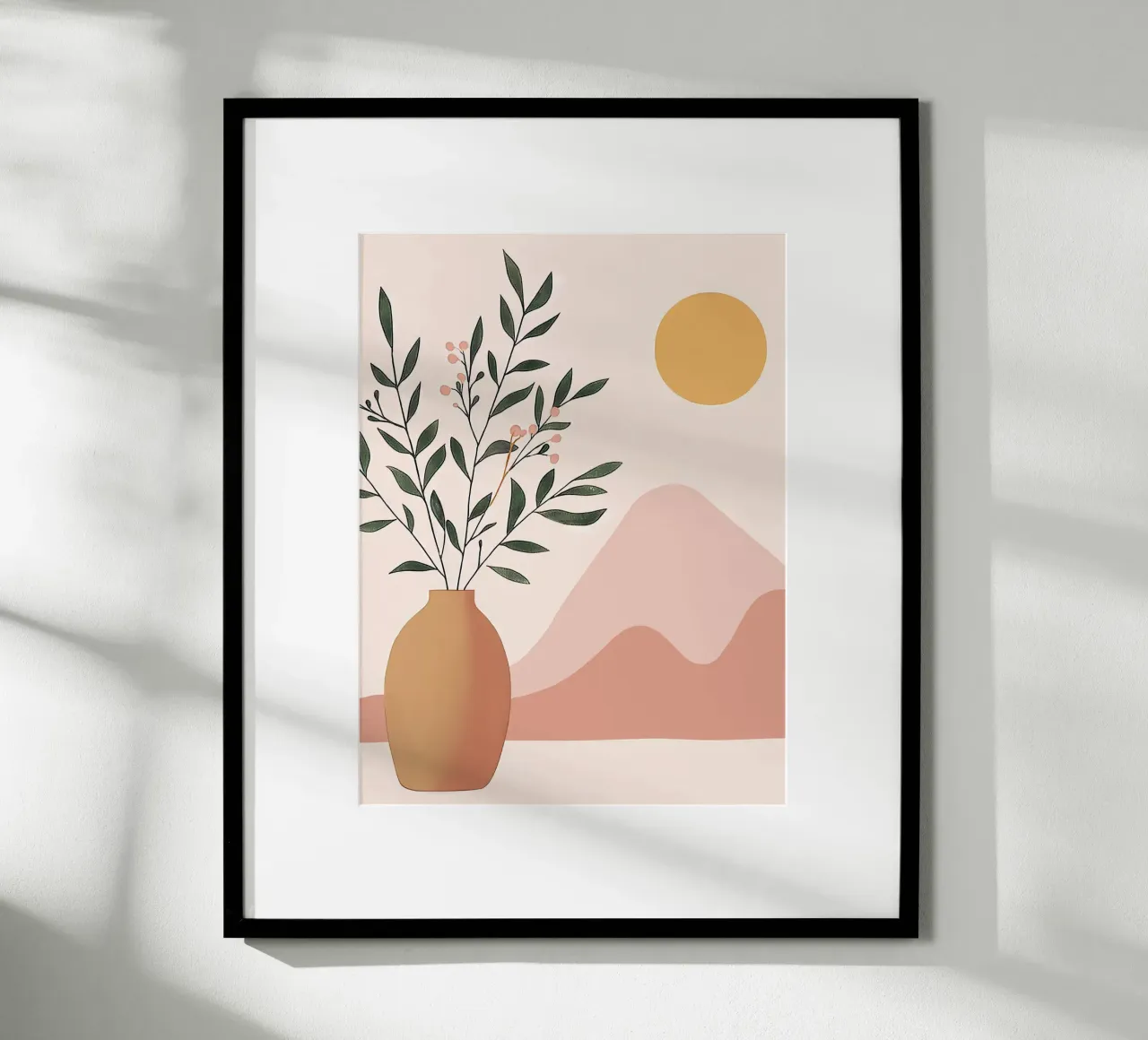 Plante Boho dans un vase avec montagne abstraite et lune Yoga Art poster avec cadre en aluminium de Gentle Echoes Art