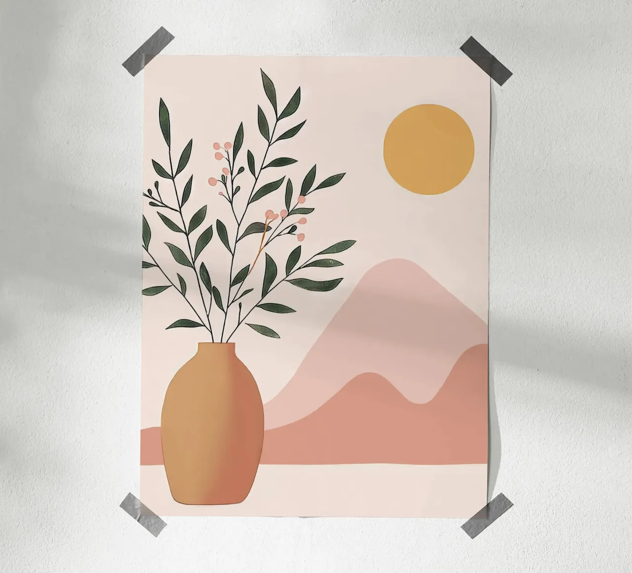 Plante Boho dans un vase avec montagne abstraite et lune Yoga Art poster avec cadre en aluminium de Gentle Echoes Art