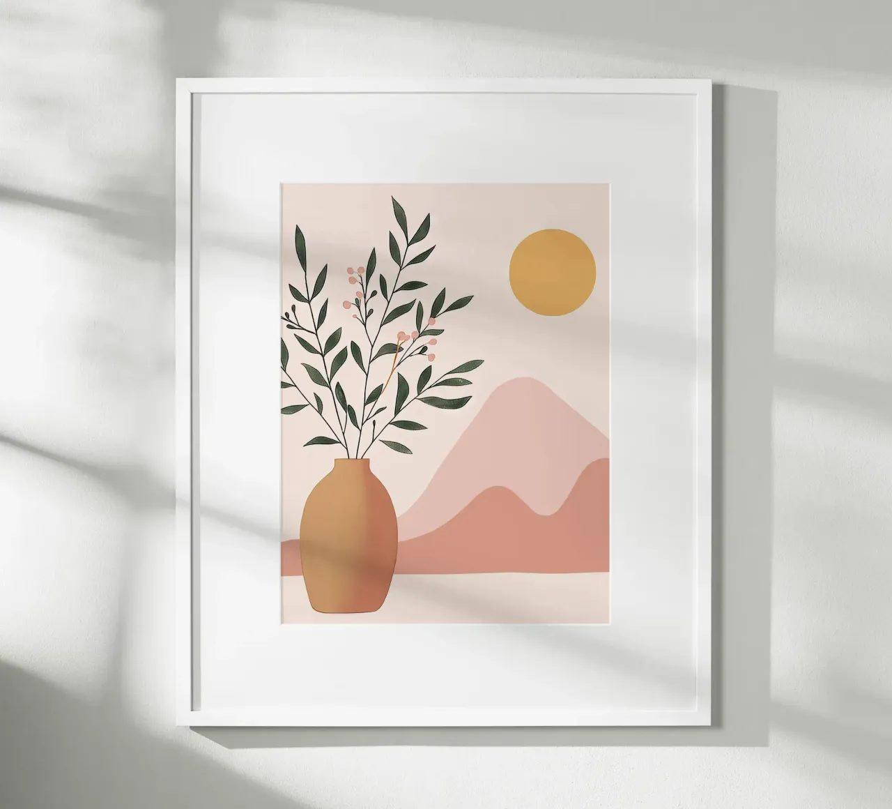Plante Boho dans un vase avec montagne abstraite et lune Yoga Art poster avec cadre en aluminium de Gentle Echoes Art