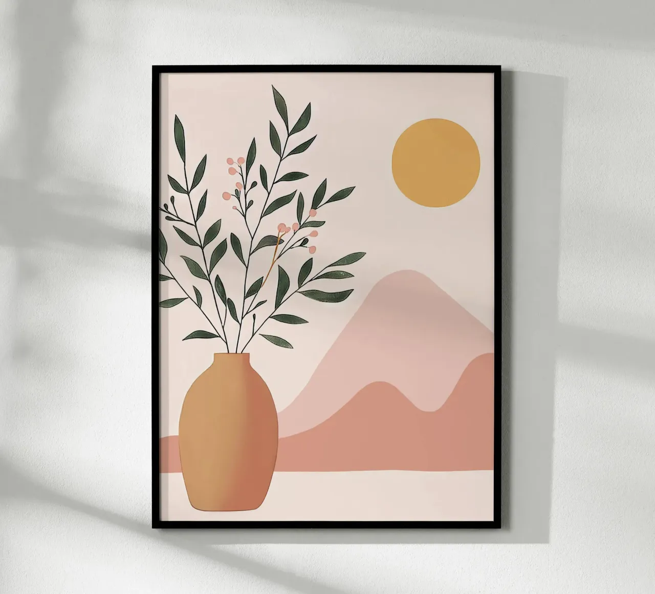 Plante Boho dans un vase avec montagne abstraite et lune Yoga Art poster avec cadre en aluminium de Gentle Echoes Art