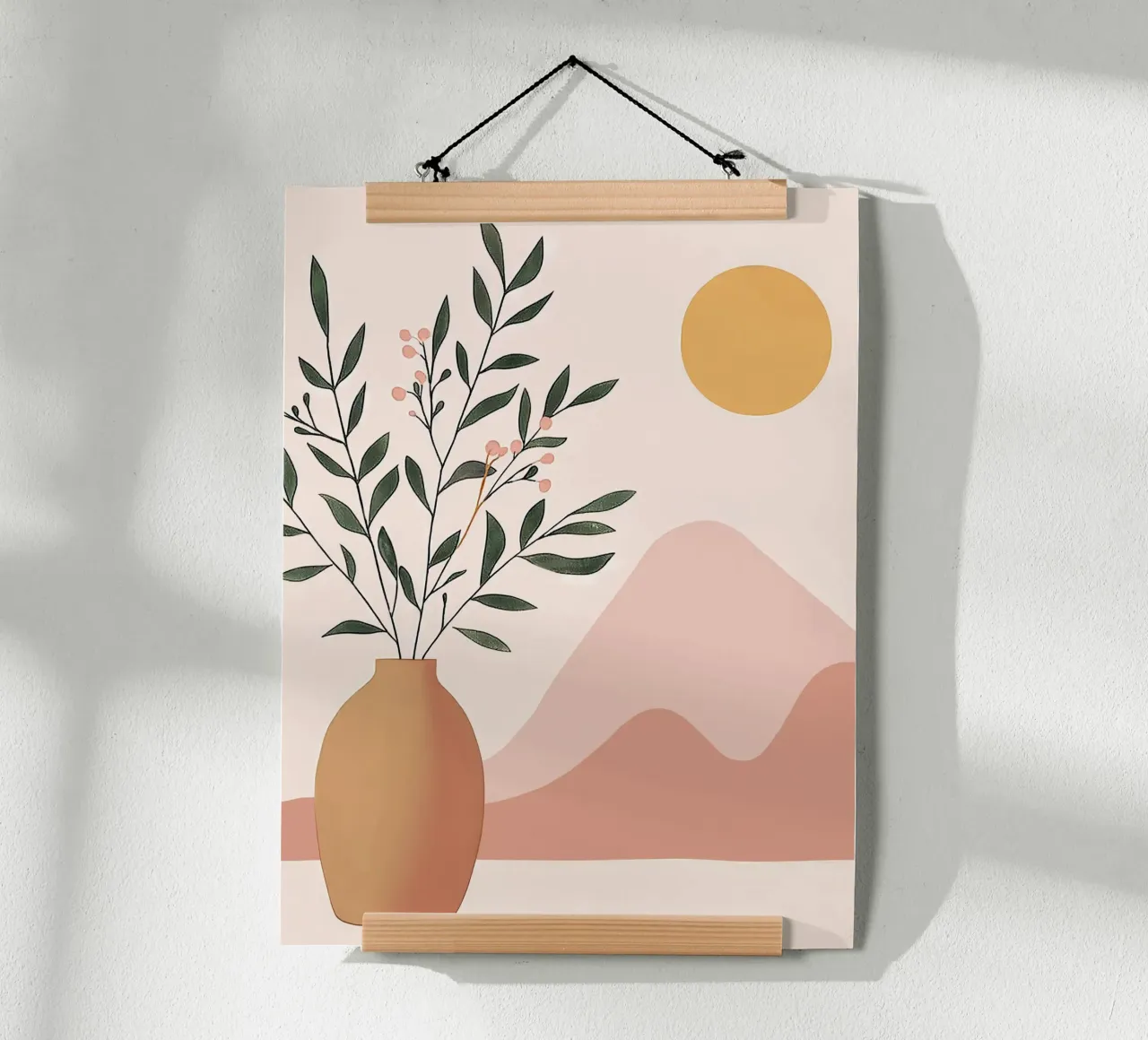 Plante Boho dans un vase avec montagne abstraite et lune Yoga Art poster avec cadre en aluminium de Gentle Echoes Art