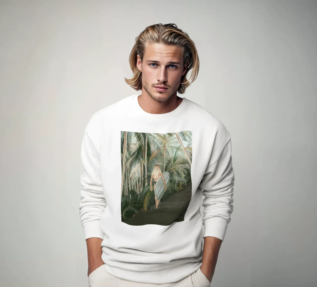 Surfeuse portant une planche de surf Route en palmier tropical - C sweat de This Wild Soul - Illustration