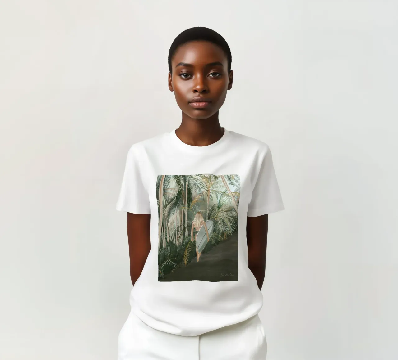 Surfeuse portant une planche de surf Route en palmier tropical - C t-shirt de This Wild Soul - Illustration