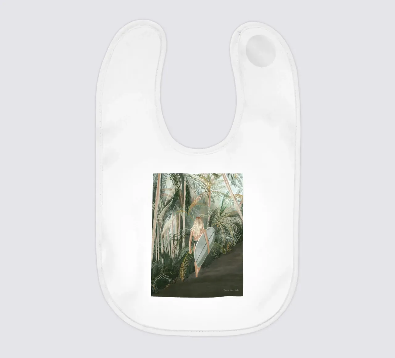 Surfer Girl Carrying Surf Board Tropical Palm Tree Road - C baby bib by This Wild Soul - Illustration