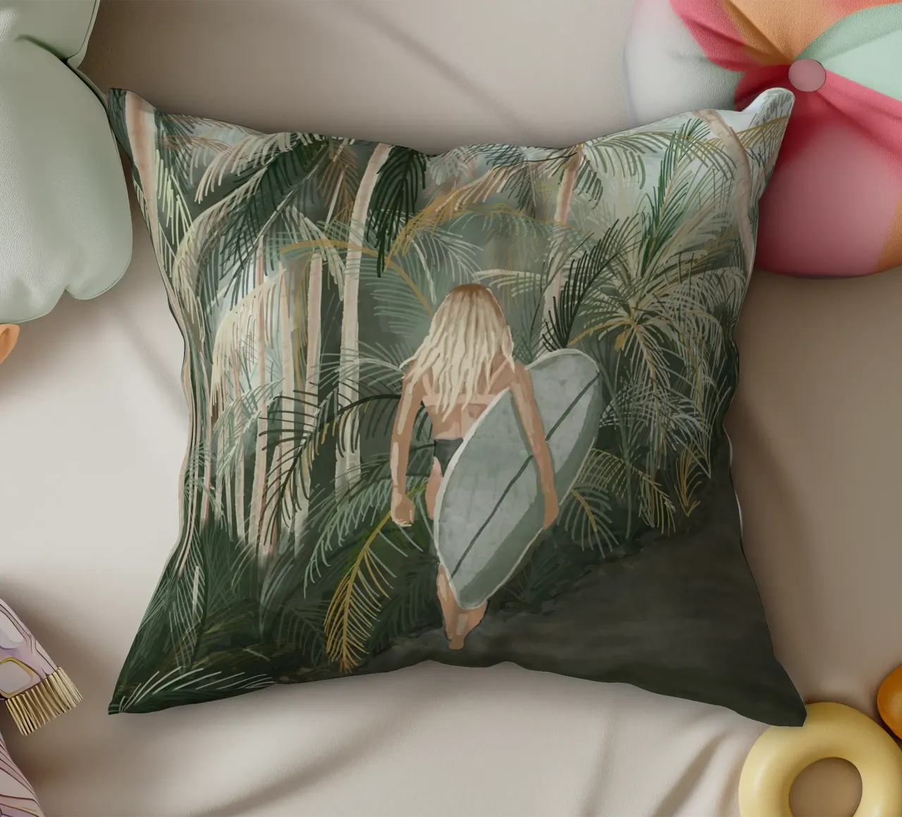 Surfeuse portant une planche de surf Route en palmier tropical - C coussin de This Wild Soul - Illustration