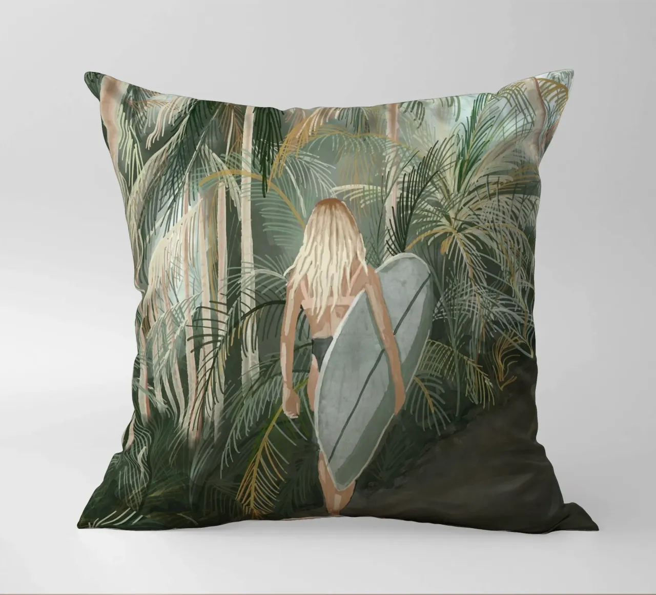 Surfeuse portant une planche de surf Route en palmier tropical - C coussin de This Wild Soul - Illustration