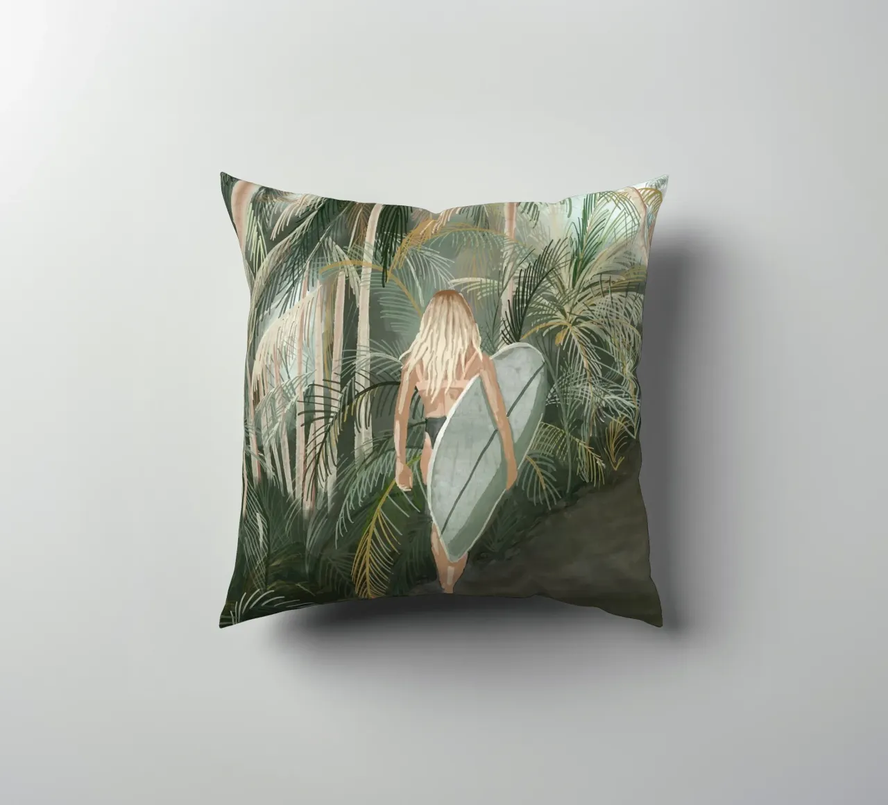 Surfeuse portant une planche de surf Route en palmier tropical - C coussin de This Wild Soul - Illustration