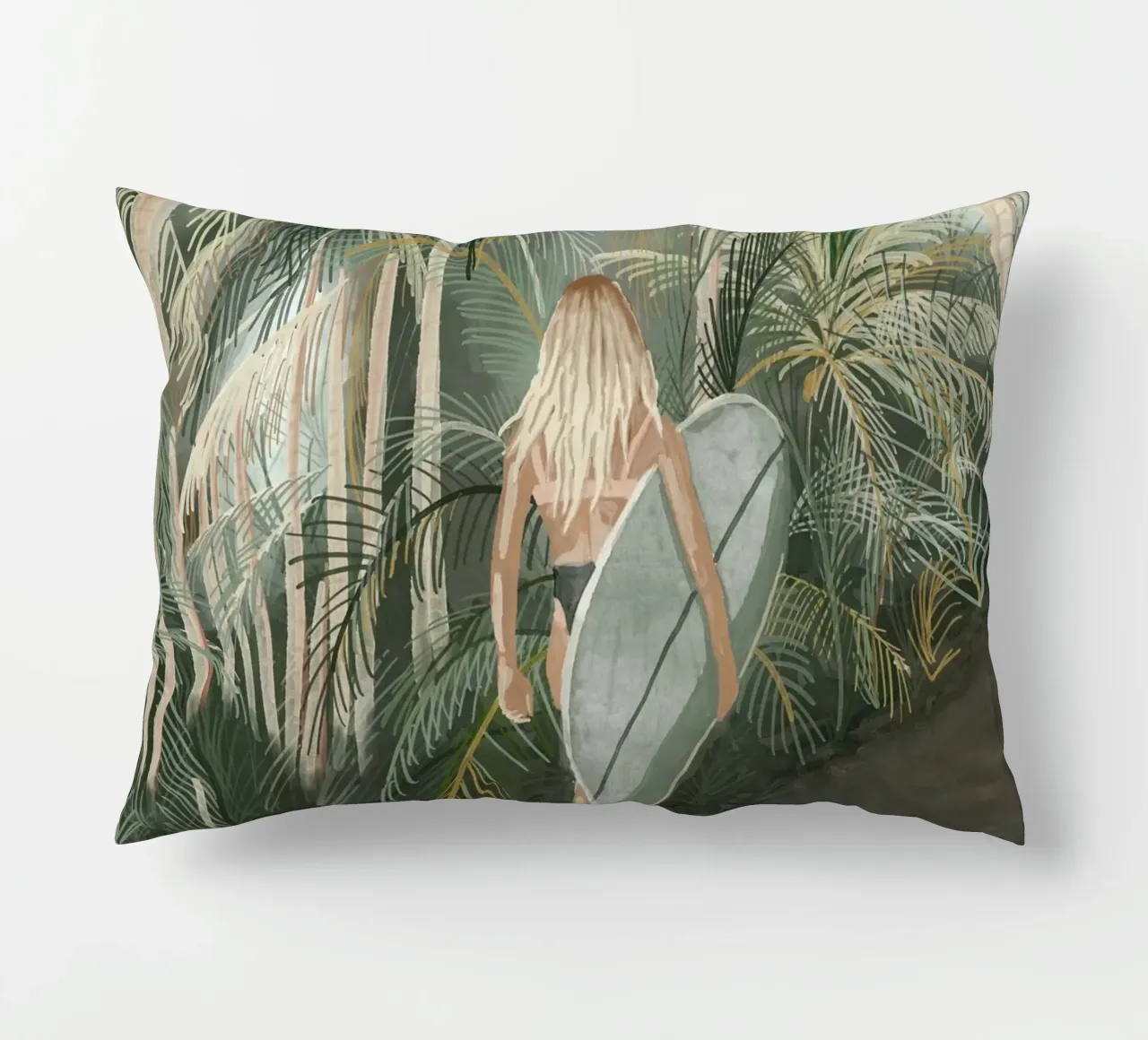 Surfeuse portant une planche de surf Route en palmier tropical - C coussin de This Wild Soul - Illustration