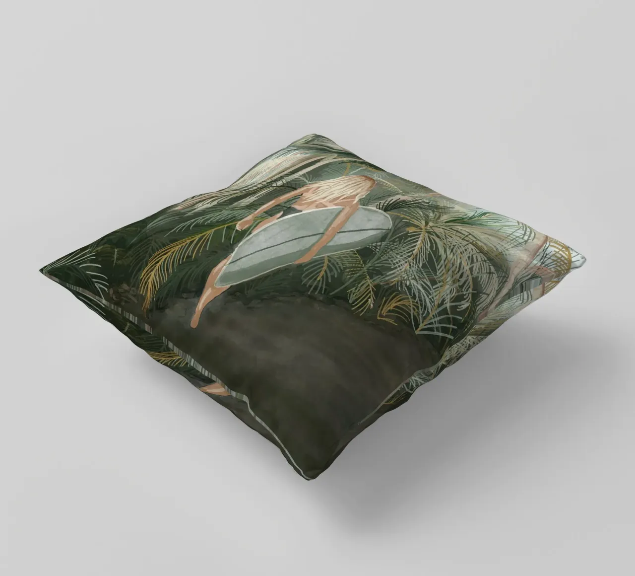 Surfeuse portant une planche de surf Route en palmier tropical - C coussin de This Wild Soul - Illustration
