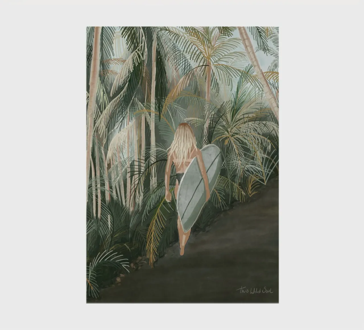 Surfeuse portant une planche de surf Route en palmier tropical - C carnet de notes de This Wild Soul - Illustration
