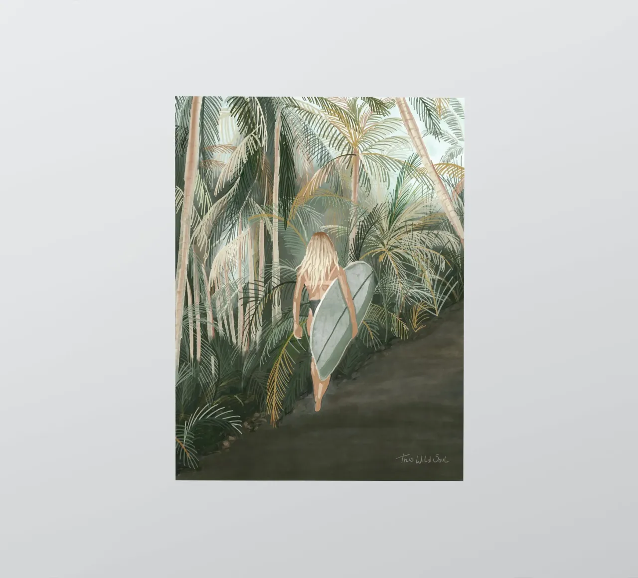 Surfeuse portant une planche de surf Route en palmier tropical - C autocollant de This Wild Soul - Illustration