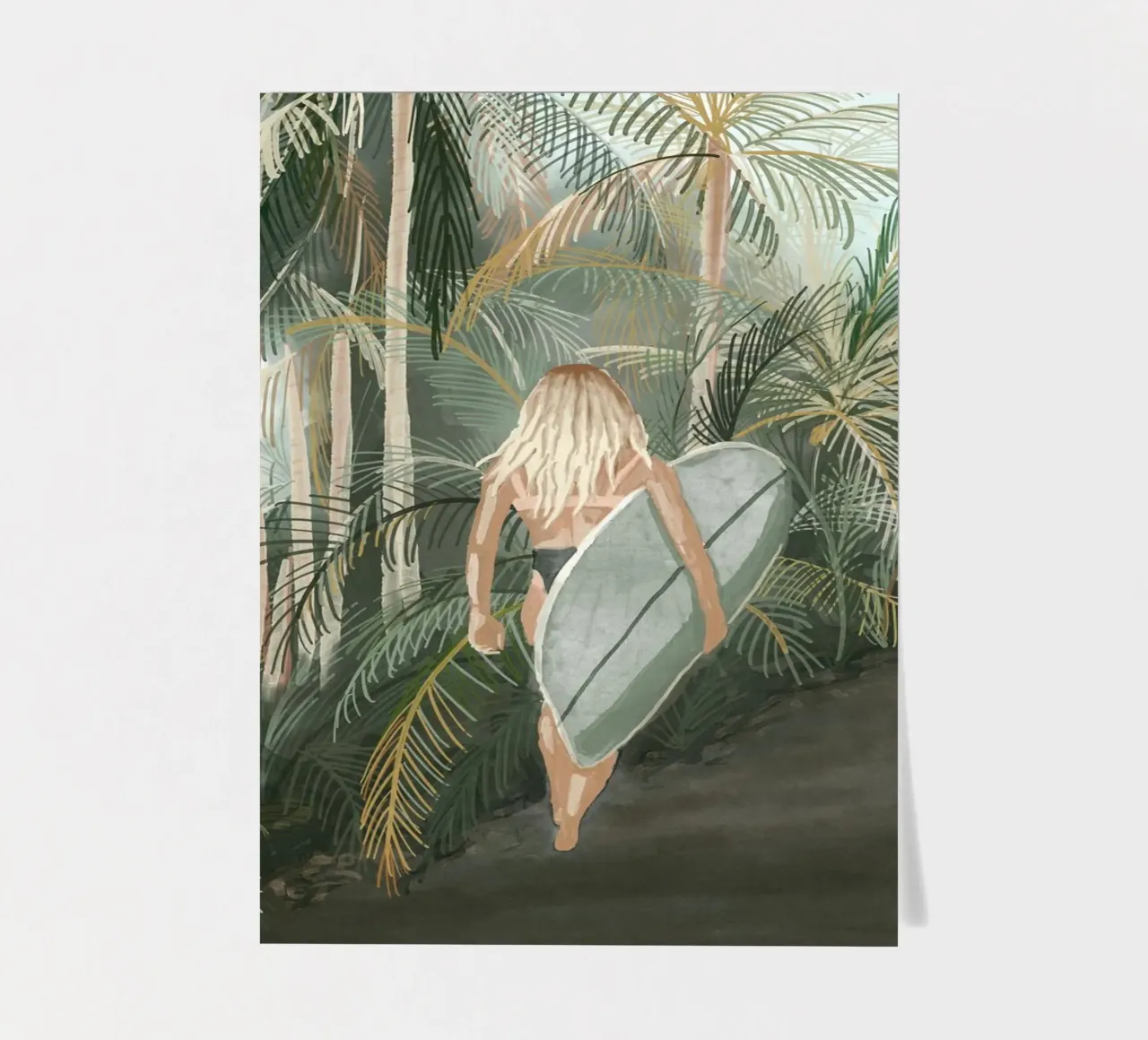 Surfeuse portant une planche de surf Route en palmier tropical - C planche autocollant de This Wild Soul - Illustration