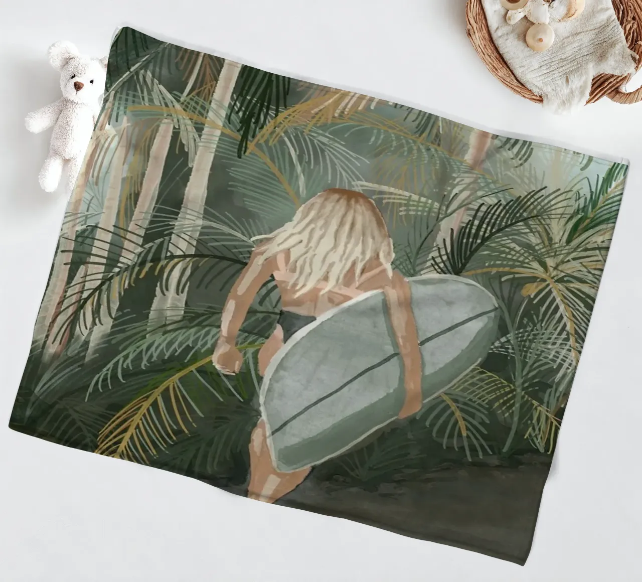 Surfeuse portant une planche de surf Route en palmier tropical - C plaid polaire de This Wild Soul - Illustration