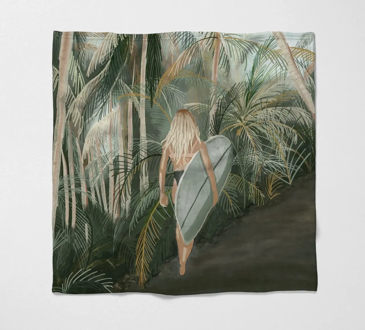 Surfeuse portant une planche de surf Route en palmier tropical - C plaid polaire de This Wild Soul - Illustration