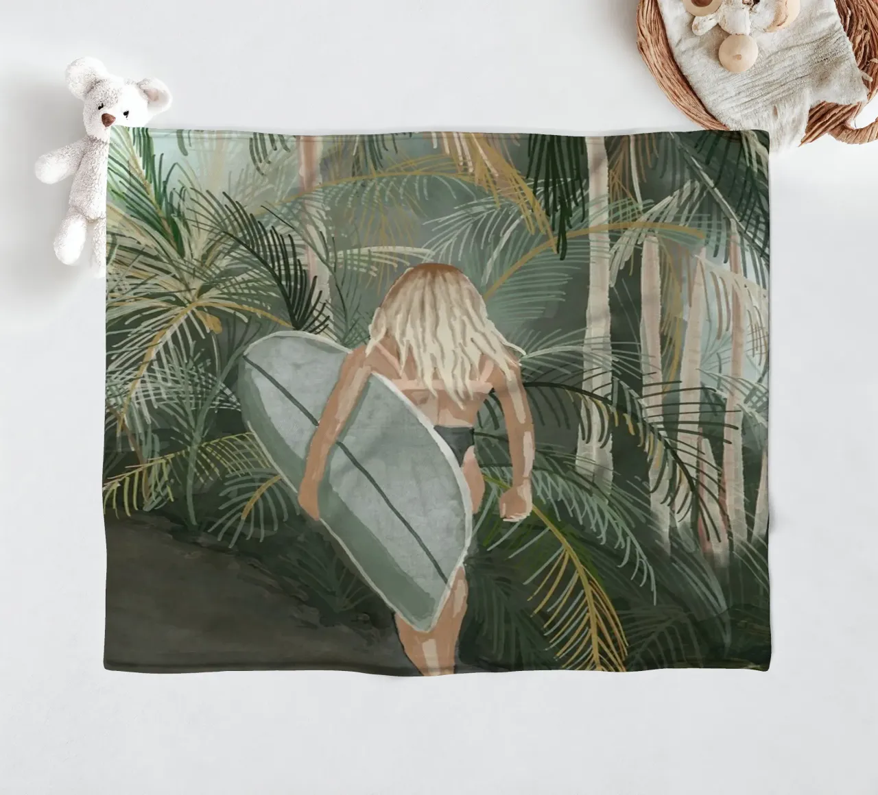 Surfeuse portant une planche de surf Route en palmier tropical - C plaid polaire de This Wild Soul - Illustration