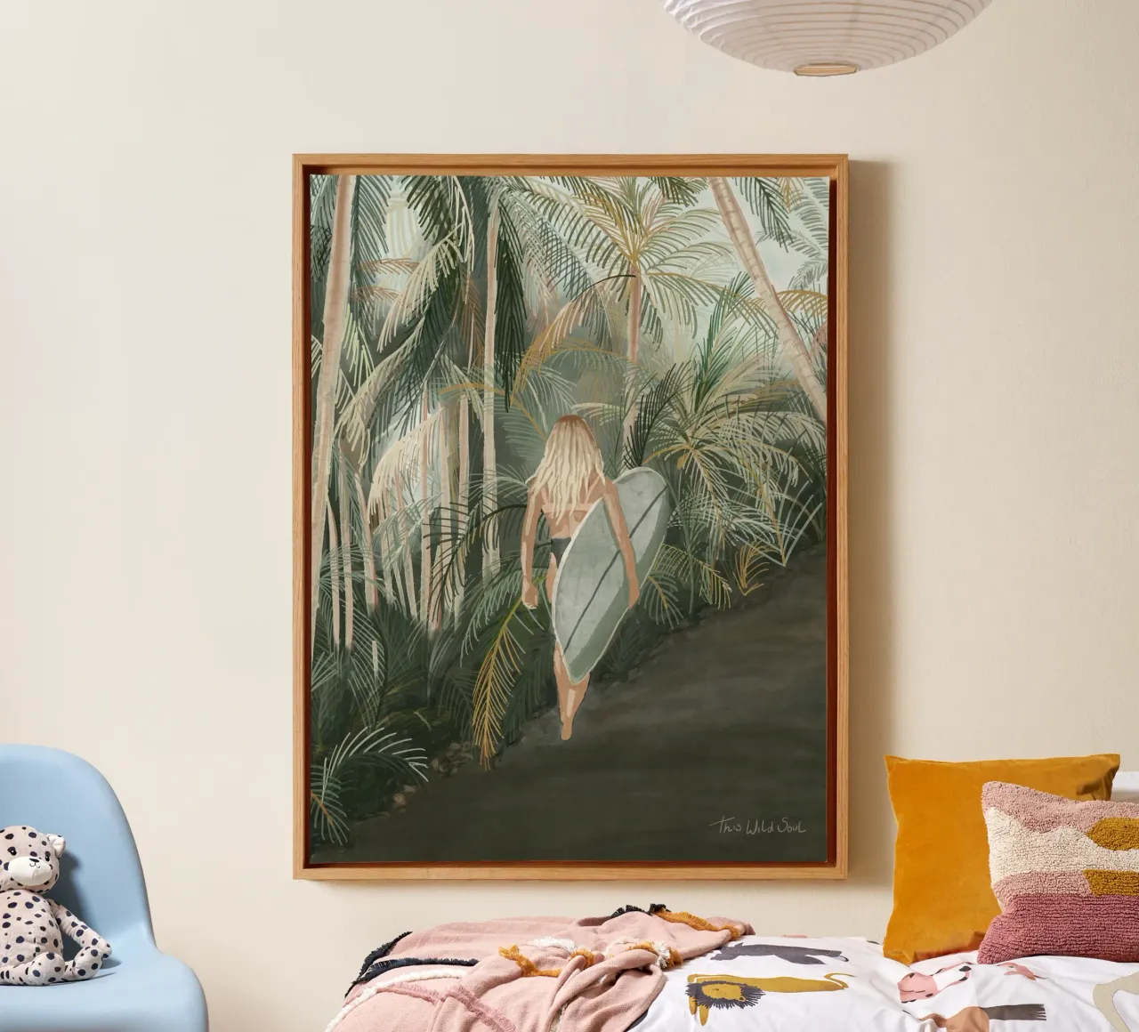 Surfer met surfplank tropische palmboom Road - C canvas met Baklijst van This Wild Soul - Illustration