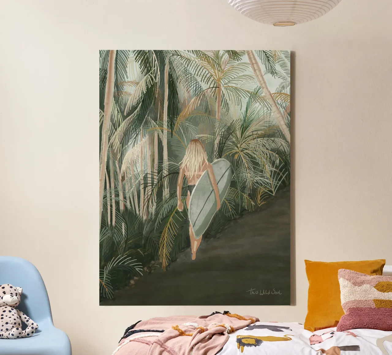 Surfer met surfplank tropische palmboom Road - C canvas met Baklijst van This Wild Soul - Illustration