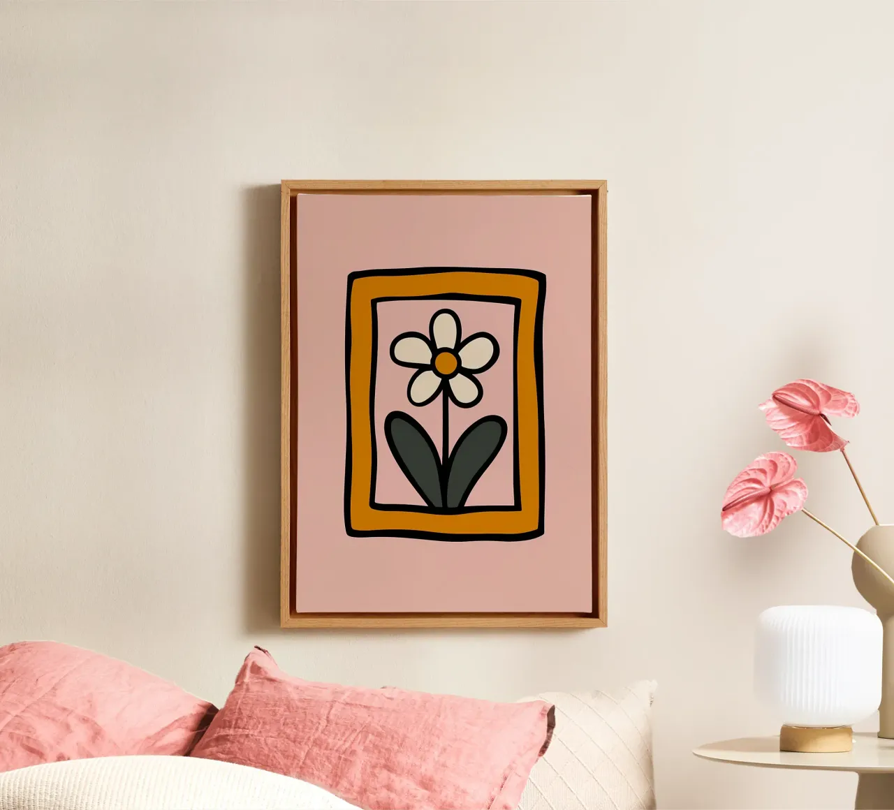 Retro Daisy Flower Print - Groovy 70s Ästhetik Wandkunst Leinwand mit Schattenfugenrahmen von diedrich