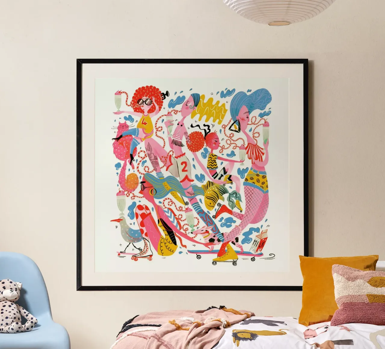 Girls, Skates and Shakes poster with wooden frame by Moira Scicluna Zahra