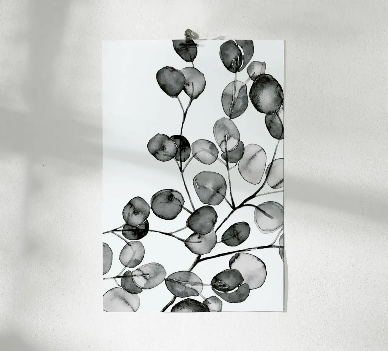 Eucalyptus Watercolor Black & White poster con telaio in plastica da Monika Strigel