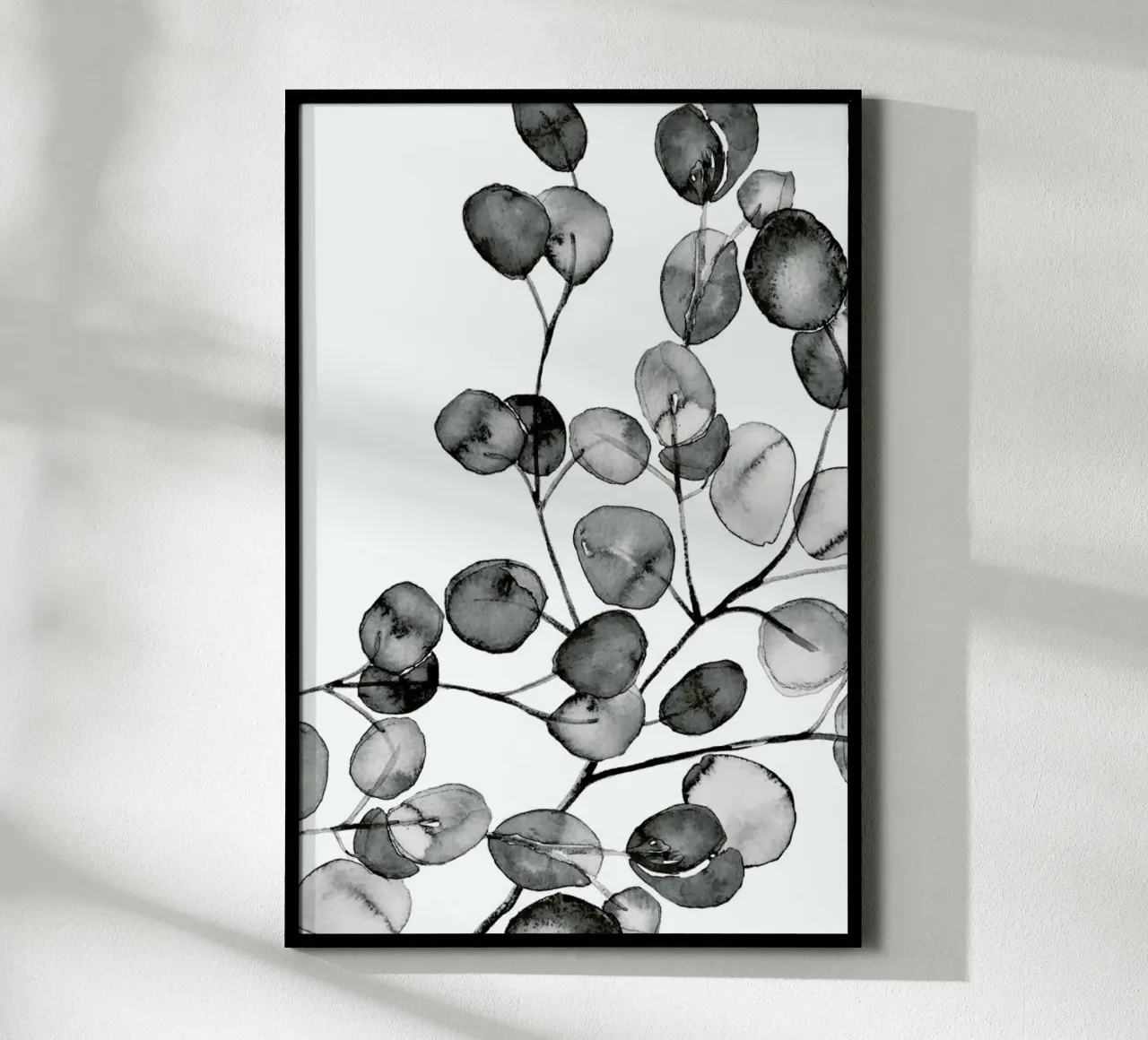 Eucalyptus Watercolor Black & White poster con telaio in plastica da Monika Strigel