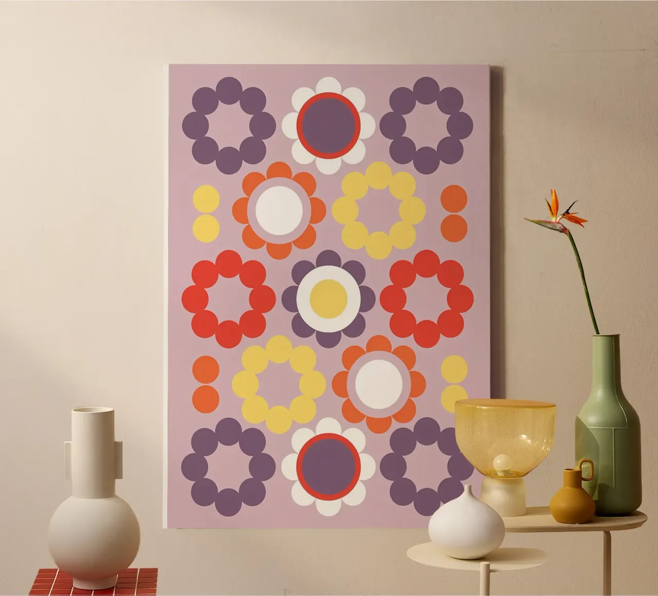Retro paarse bloemen canvas met Baklijst van diedrich