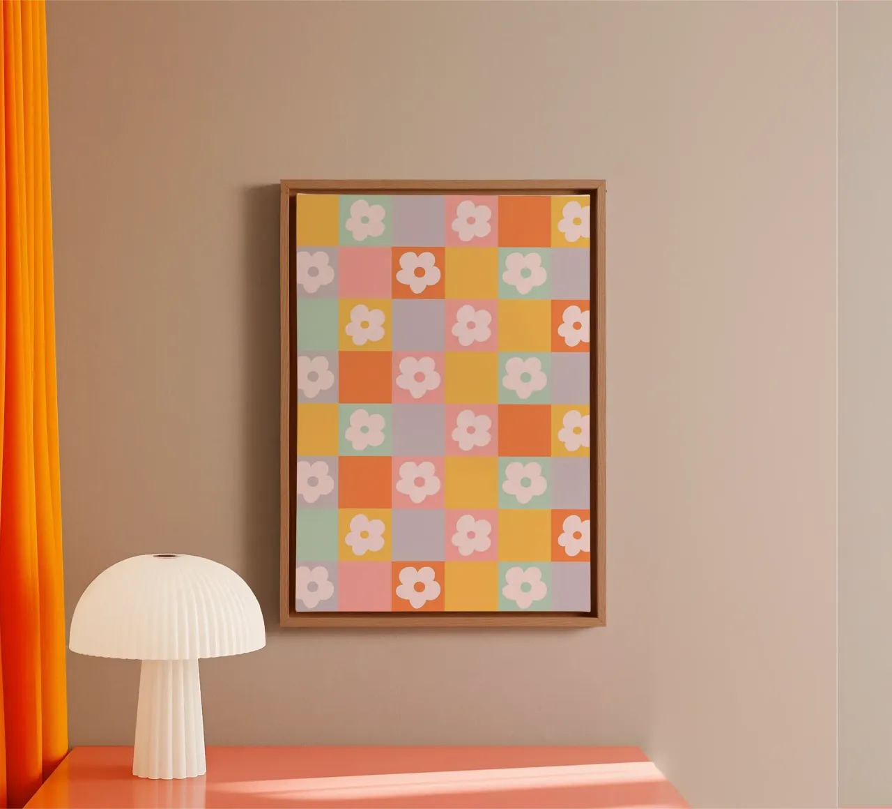 Retro Ruit Bloemen 1 canvas met Baklijst van diedrich