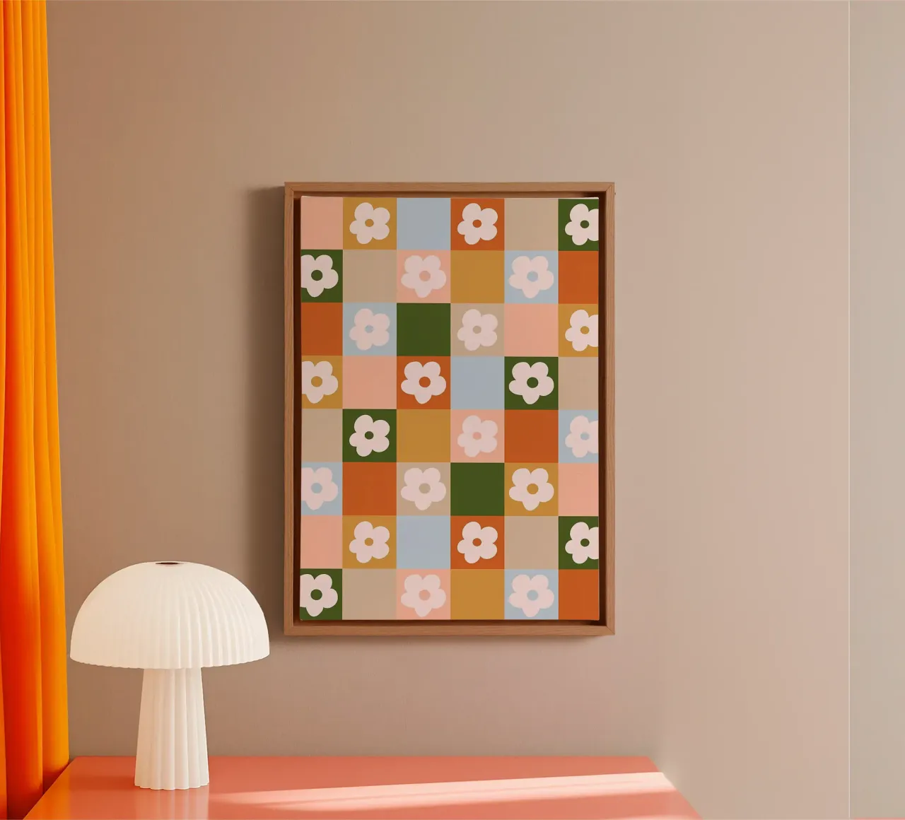 Retro Ruit Bloemen 3 canvas met Baklijst van diedrich