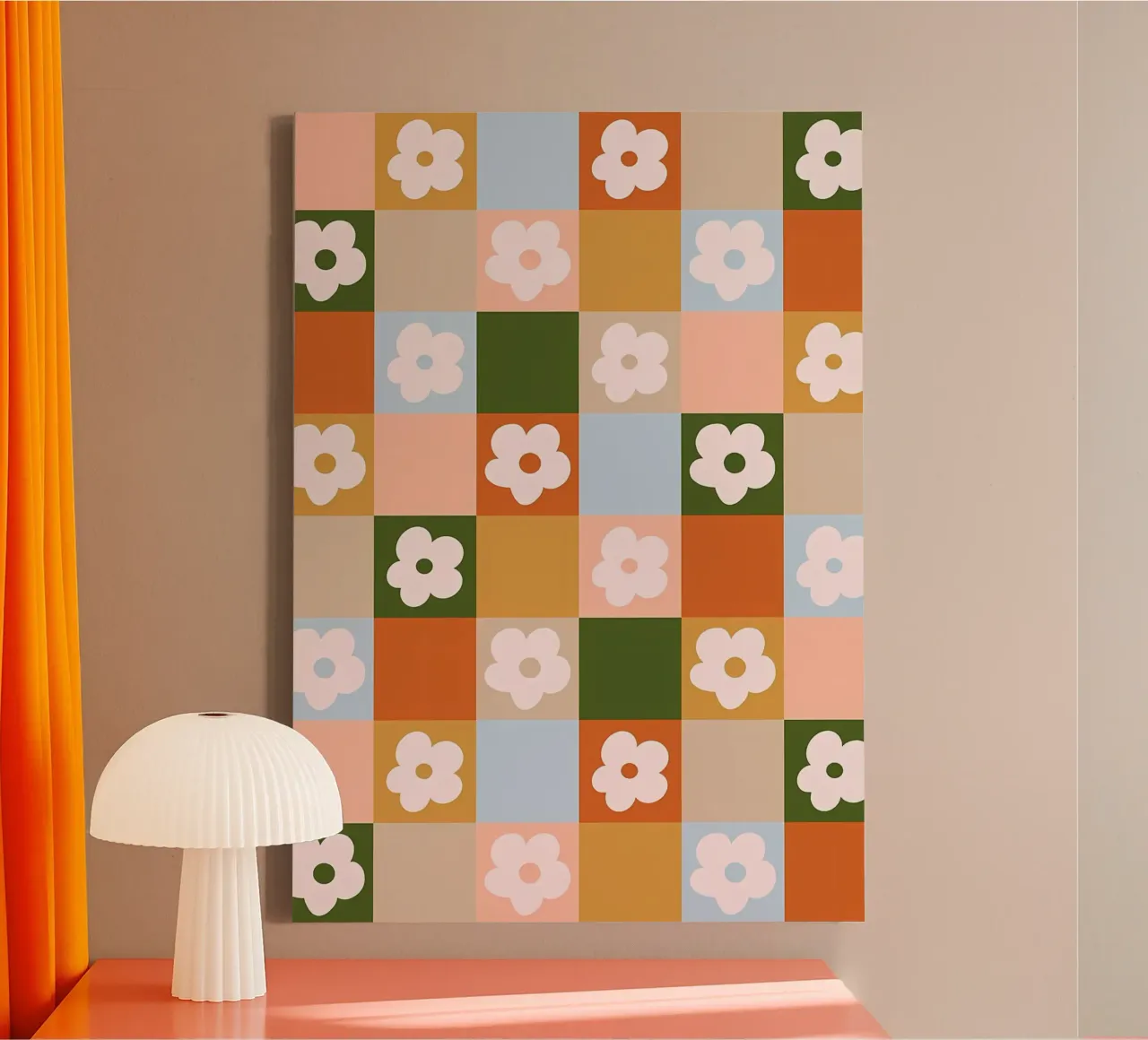 Retro Ruit Bloemen 3 canvas met Baklijst van diedrich