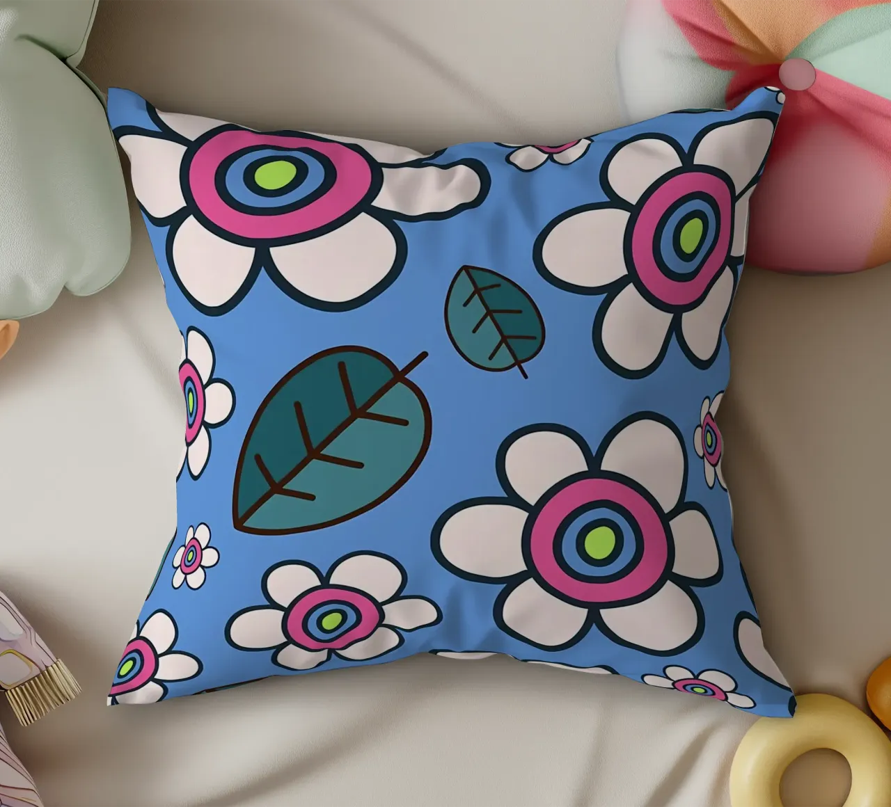 Retro Daisy Flower Doodles decorative cushion by diedrich