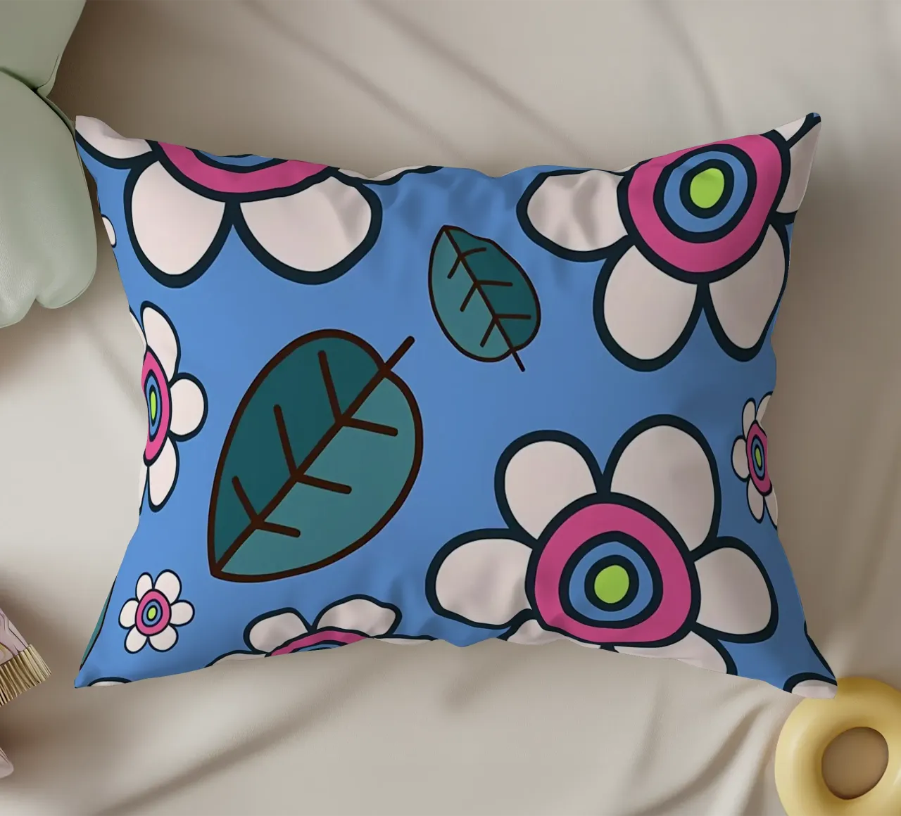 Retro Daisy Flower Doodles decorative cushion by diedrich