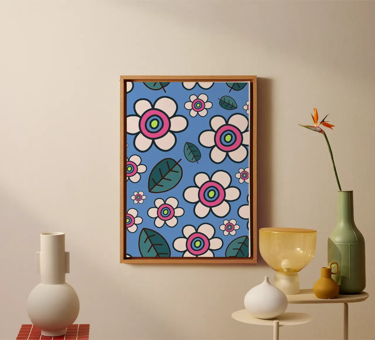 Retro Daisy Flower Doodles canvas with Floater frame by diedrich
