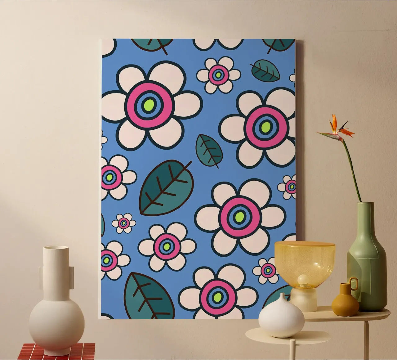 Retro Daisy Flower Doodles canvas with Floater frame by diedrich