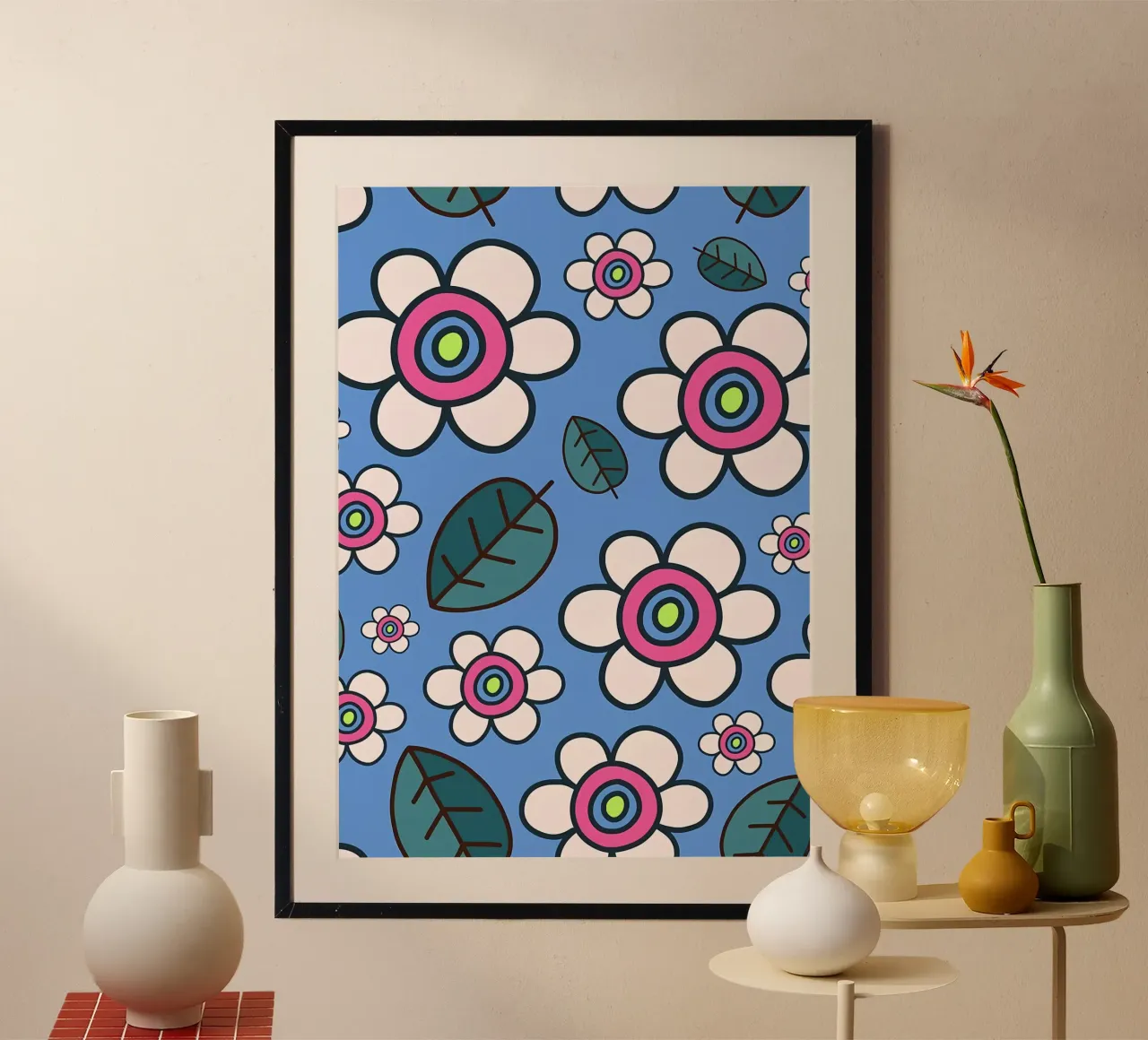 Scarabocchi di fiori margherita retrò poster con telaio in plastica da diedrich