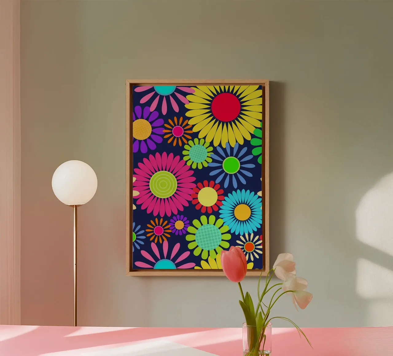 Retro Madeliefje Bloem Zestiger Jaren canvas met Baklijst van diedrich