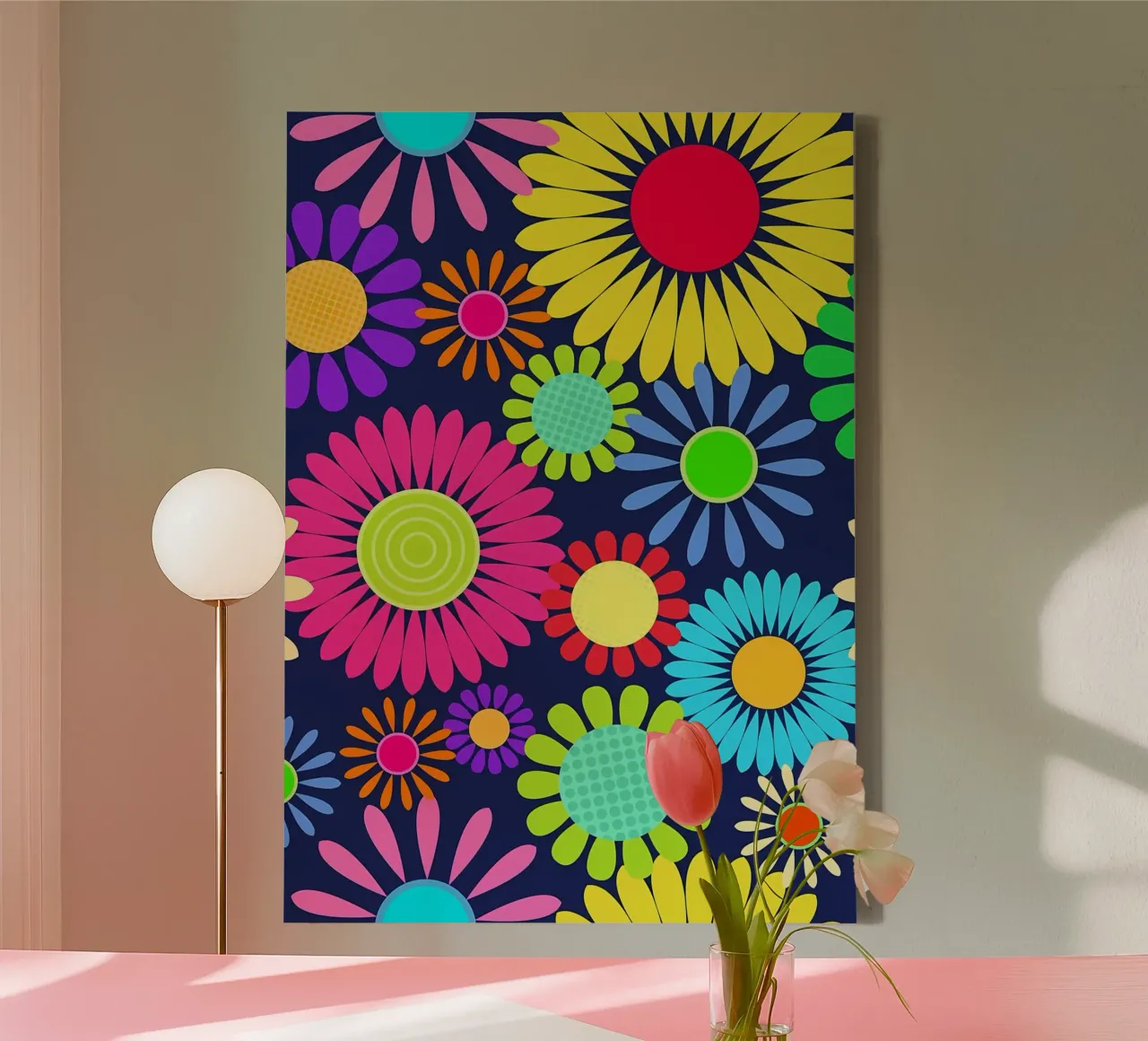 Retro Madeliefje Bloem Zestiger Jaren canvas met Baklijst van diedrich