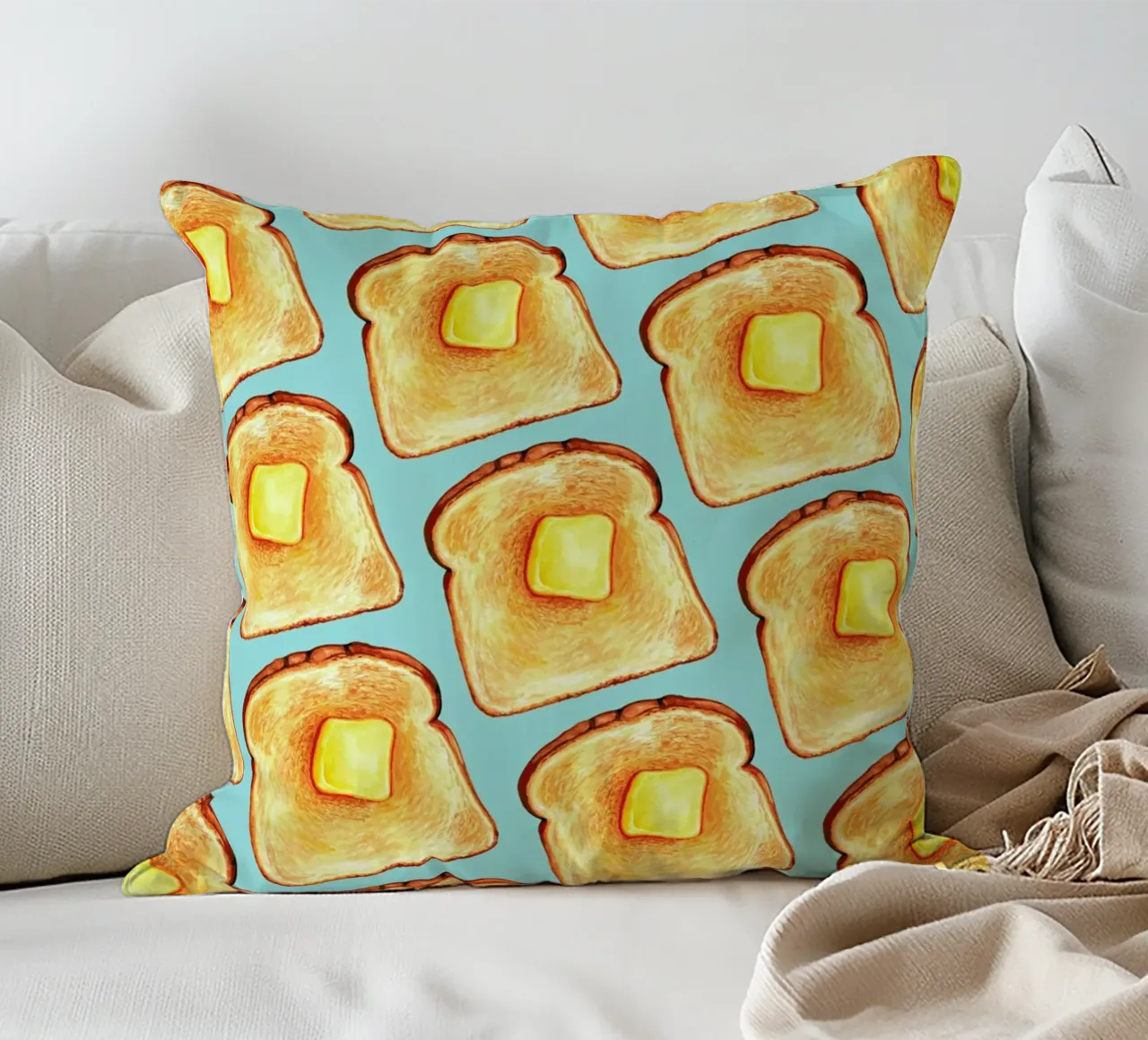 Breakfast Pattern Blue Toast decorative cushion by Kelly Gilleran