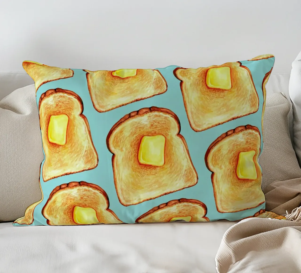 Breakfast Pattern Blue Toast decorative cushion by Kelly Gilleran