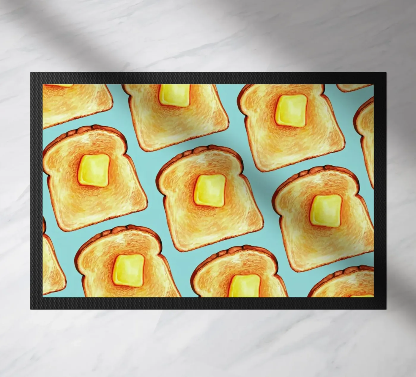 Breakfast Pattern Blue Toast doormat by Kelly Gilleran