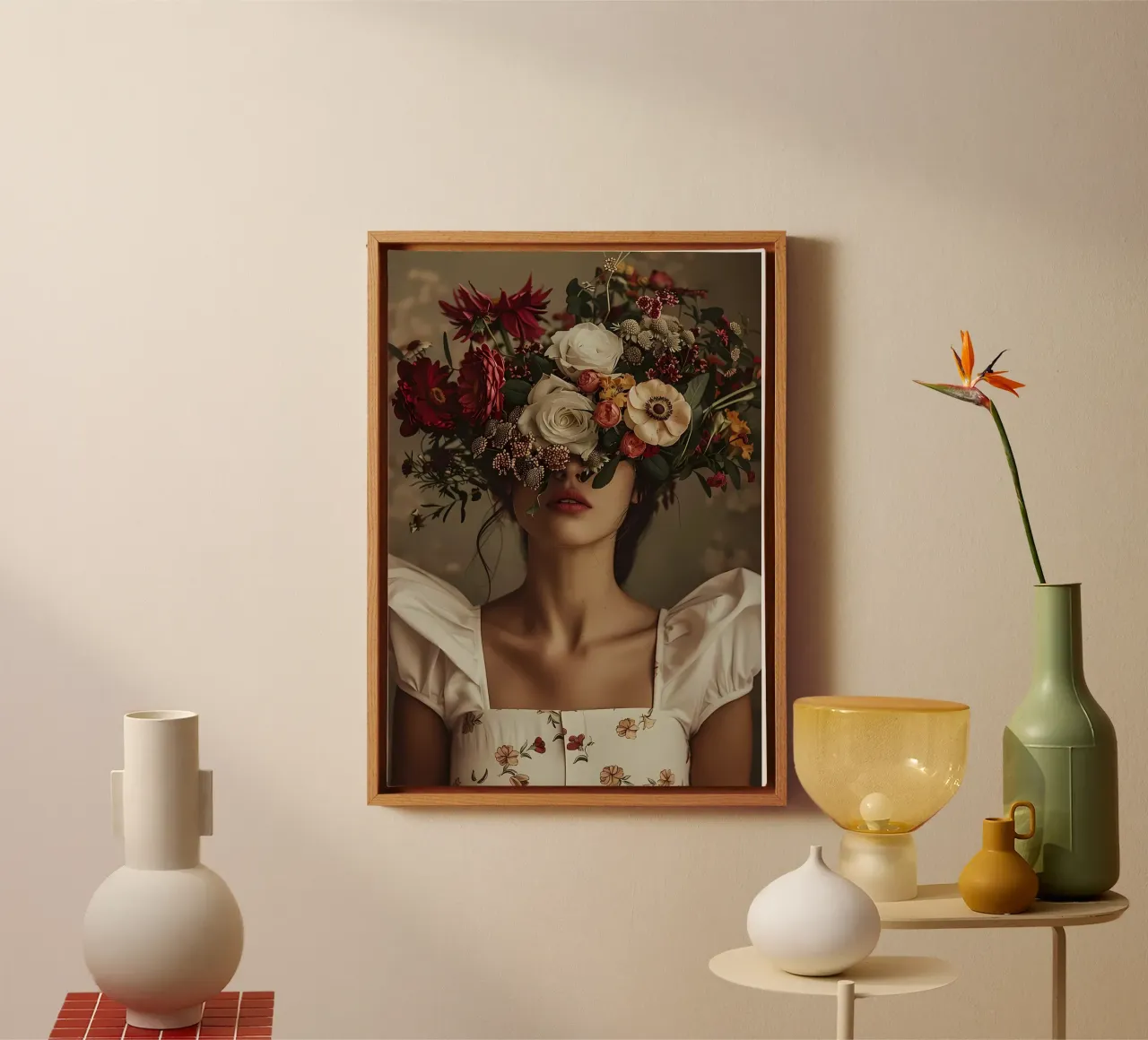 Retro Bloemen Vrouw Bloem canvas met Baklijst van diedrich