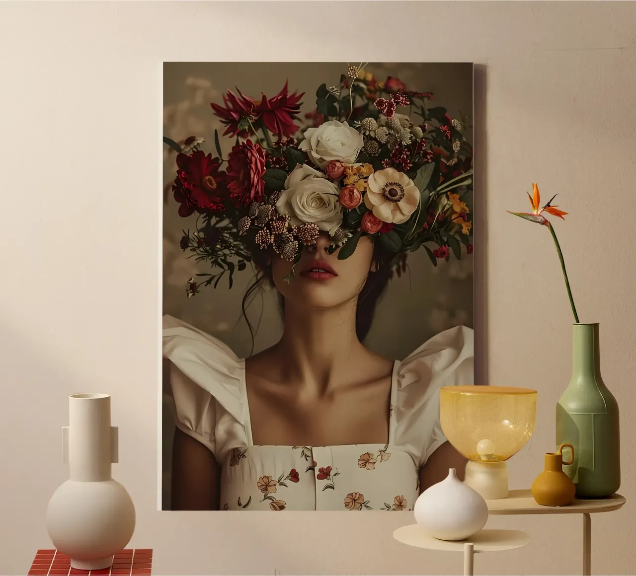 Retro Bloemen Vrouw Bloem canvas met Baklijst van diedrich