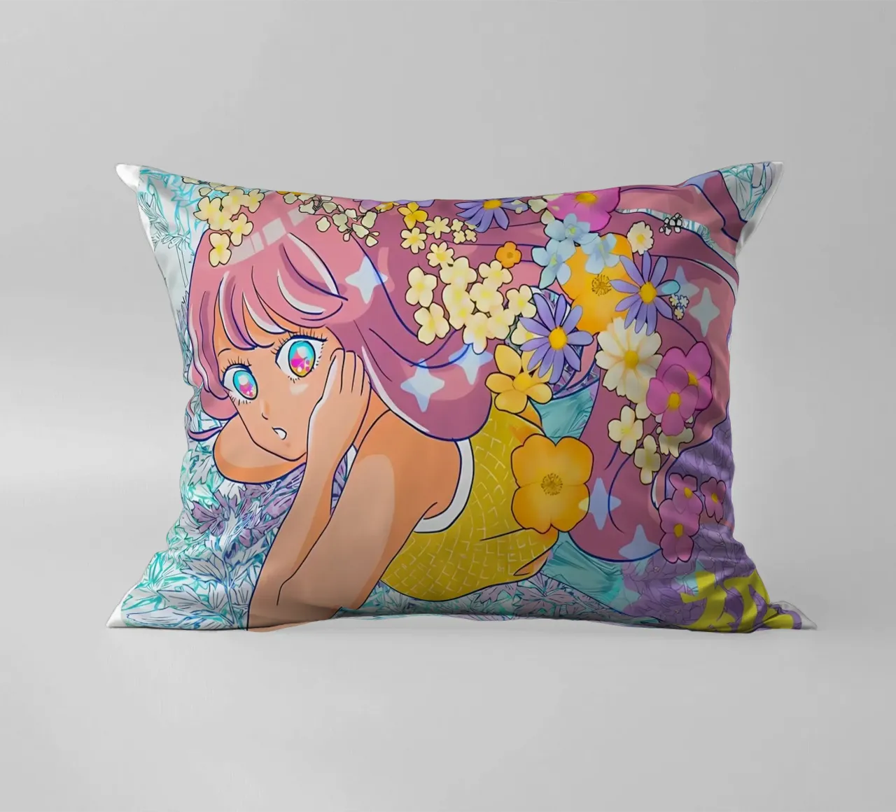 Ragazza retrò con fiori cuscino da diedrich