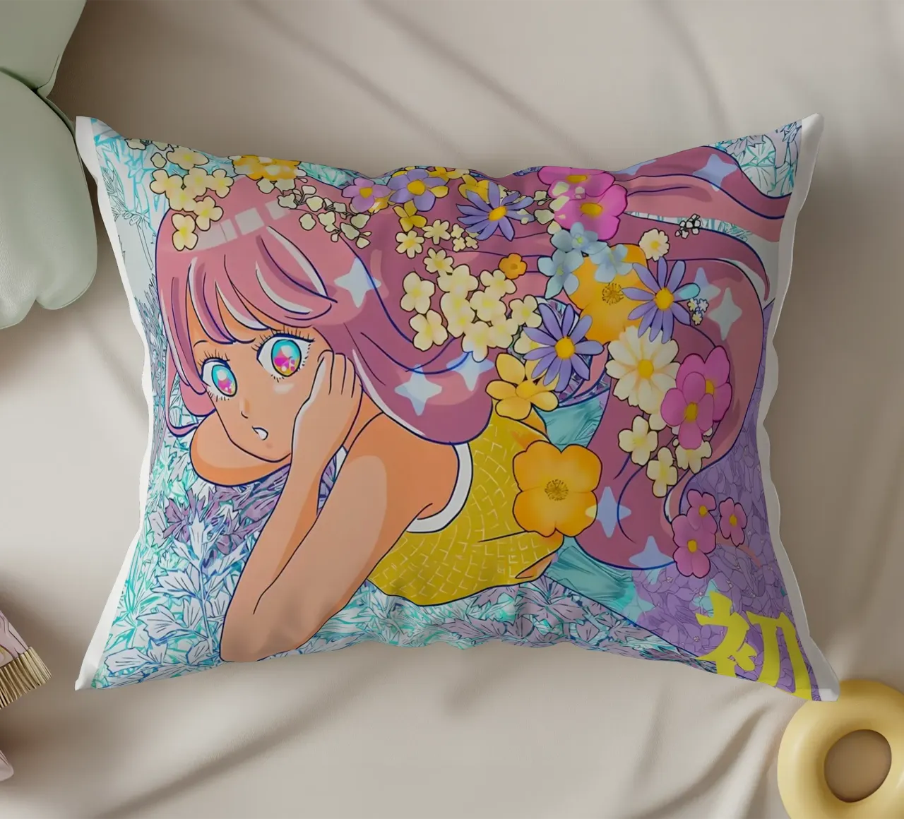 Ragazza retrò con fiori cuscino da diedrich