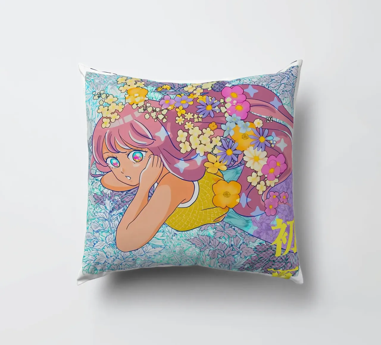 Ragazza retrò con fiori cuscino da diedrich