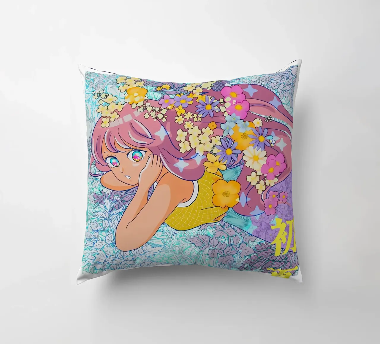 Ragazza retrò con fiori cuscino da diedrich