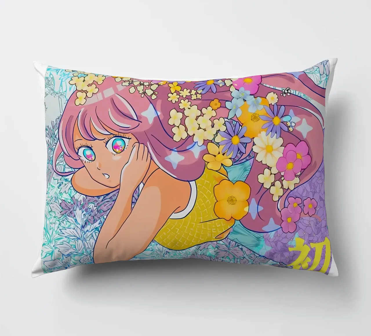 Ragazza retrò con fiori cuscino da diedrich