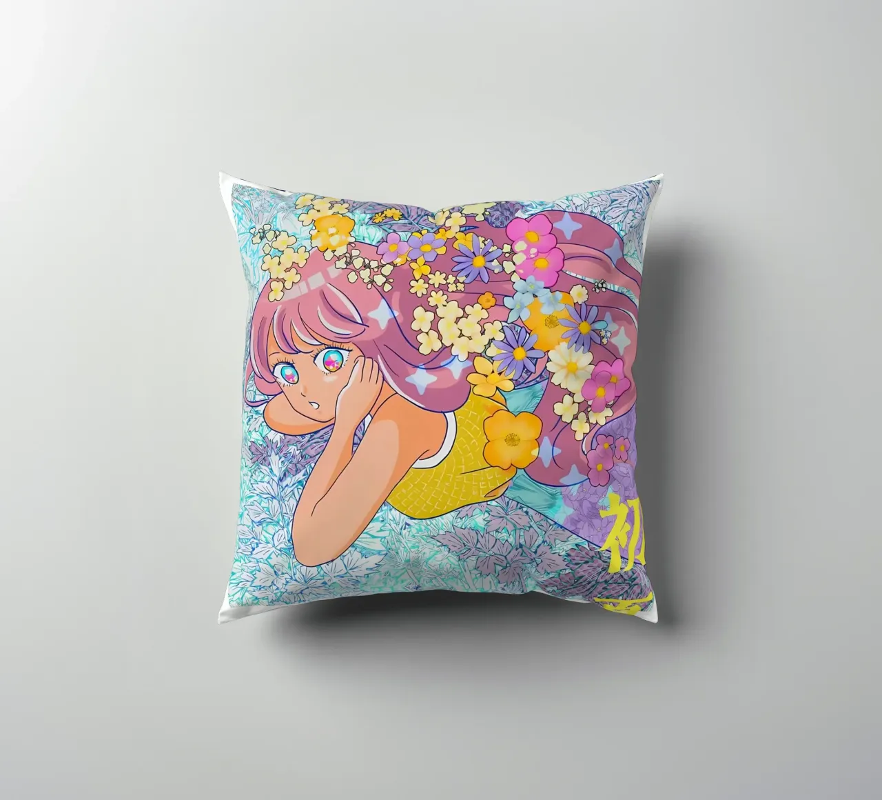 Ragazza retrò con fiori cuscino da diedrich
