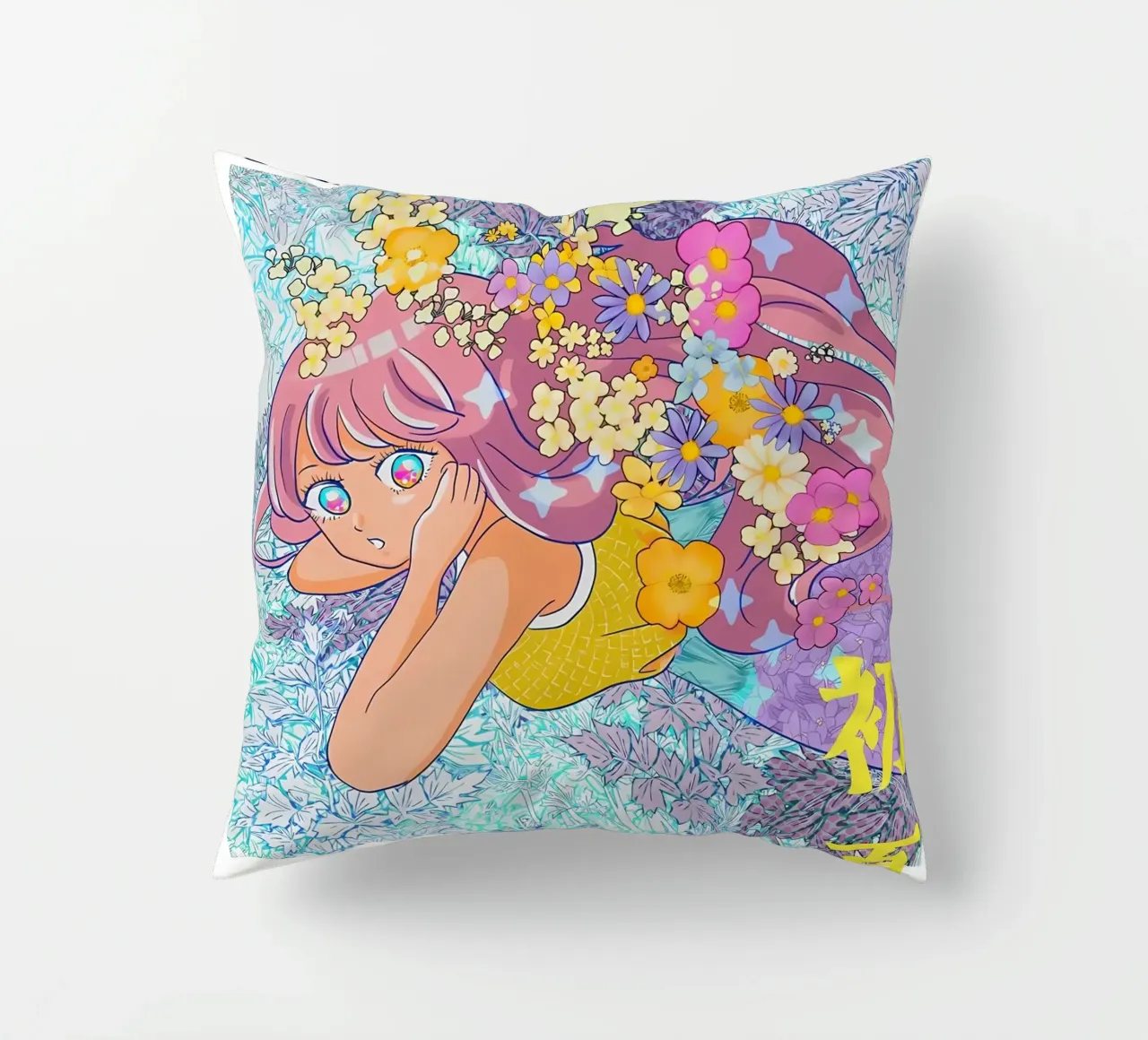 Ragazza retrò con fiori cuscino da diedrich