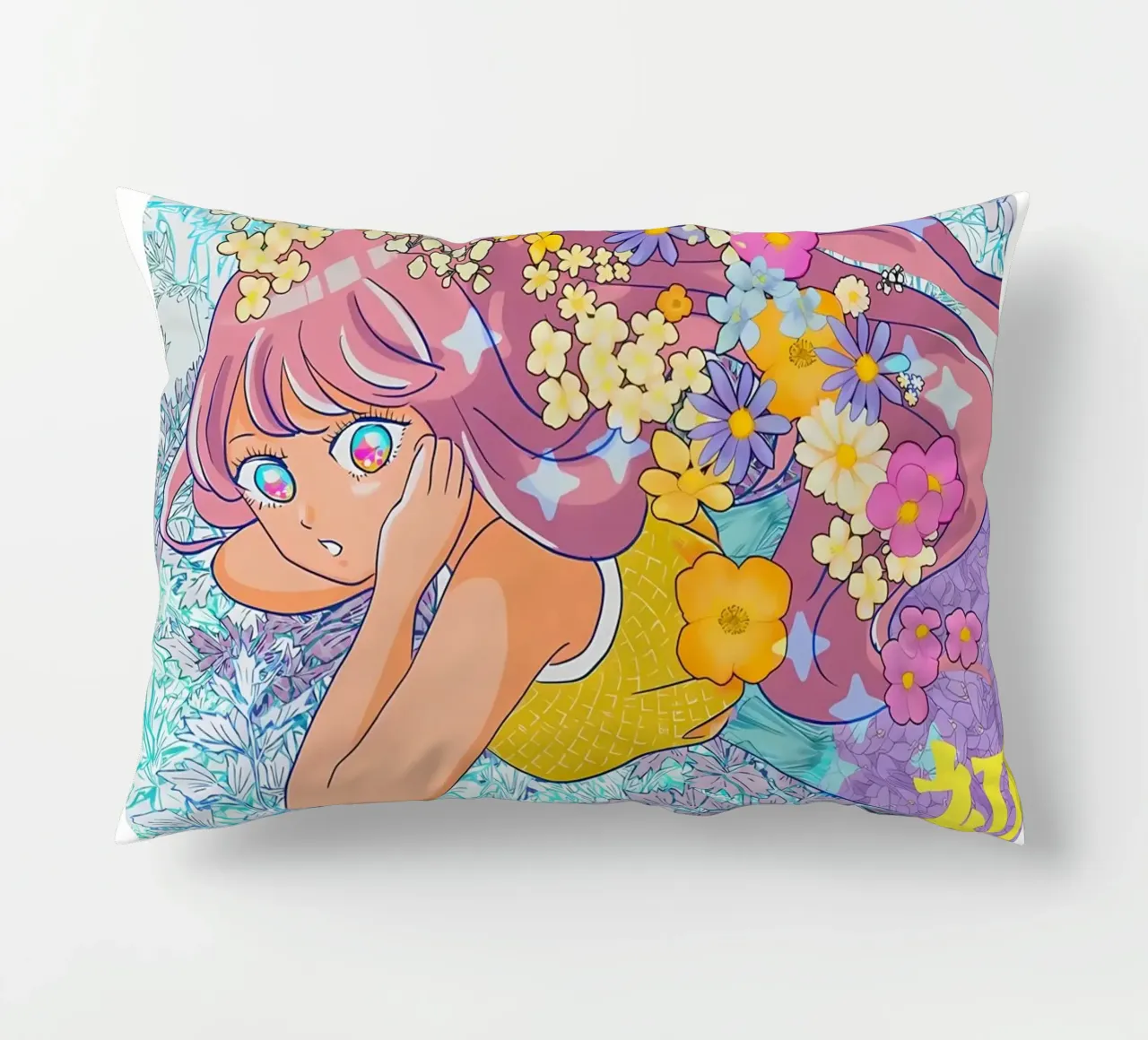 Ragazza retrò con fiori cuscino da diedrich