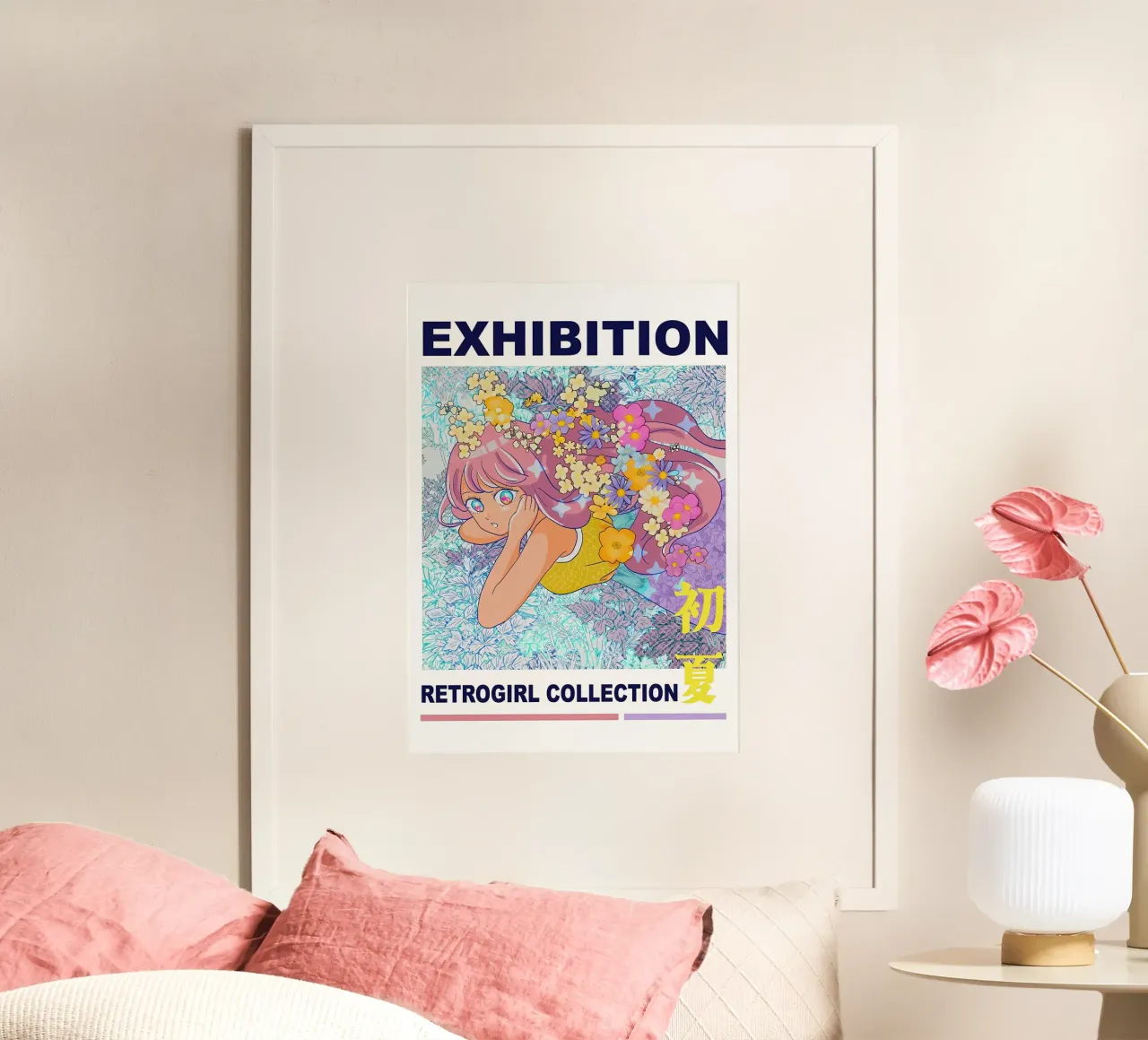 Ragazza retrò con fiori poster con telaio in plastica da diedrich